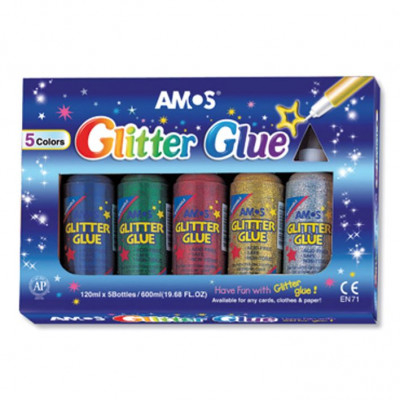 Xρυσόκολλα glitter  σε βάζα 120 ml  set  5  χρωμάτων 