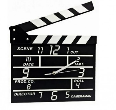 Ρολόι τοίχου ξύλινη Κλακέτα και μαυροπίνακας  27x30 cm - Movie set 